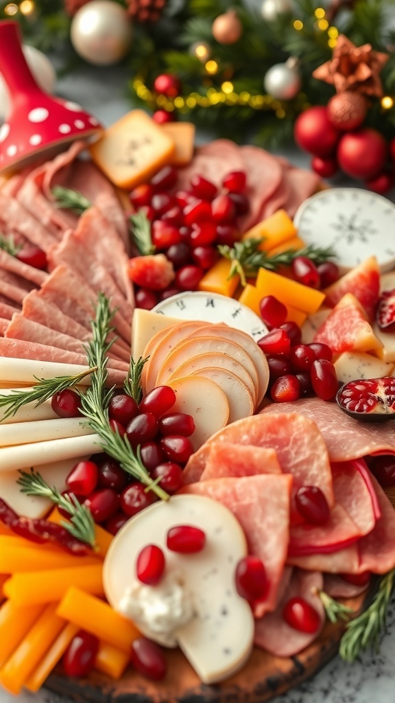 A festive charcuterie board with meats, cheeses, fruits, and holiday decorations.
